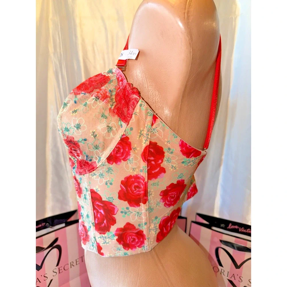 Victorias Secret Bra Corset Clubbing Top 34DD Small Thong Embroidered Rose - Picture 5 of 8